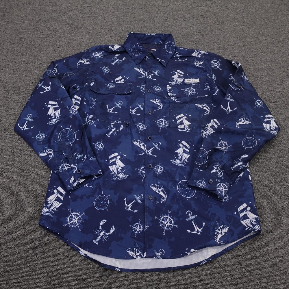 Spicy Tuna Shirt Mens Medium Blue Nautical Print Long Sleeve Button Up Fishing